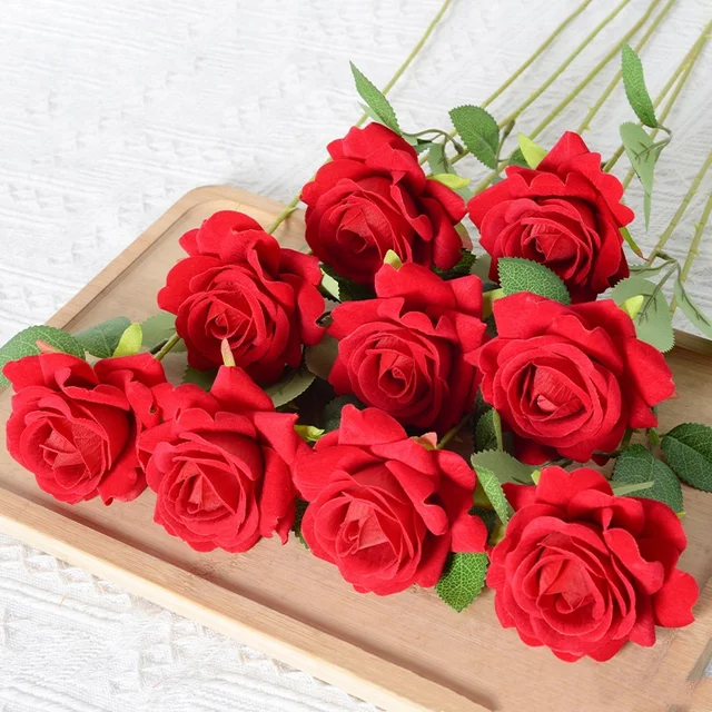 Red Rose Flower Decorative Home Party Velvet Artificial Roses For Wedding Floral Arrangement