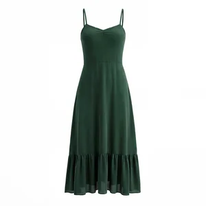 European and American Style New Women's Summer Pleated Woven A-Line Empire Waist Slimming Versatile Long Suspender Dress