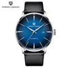6 cassa in argento, quadrante blu, cintura in pelle nera