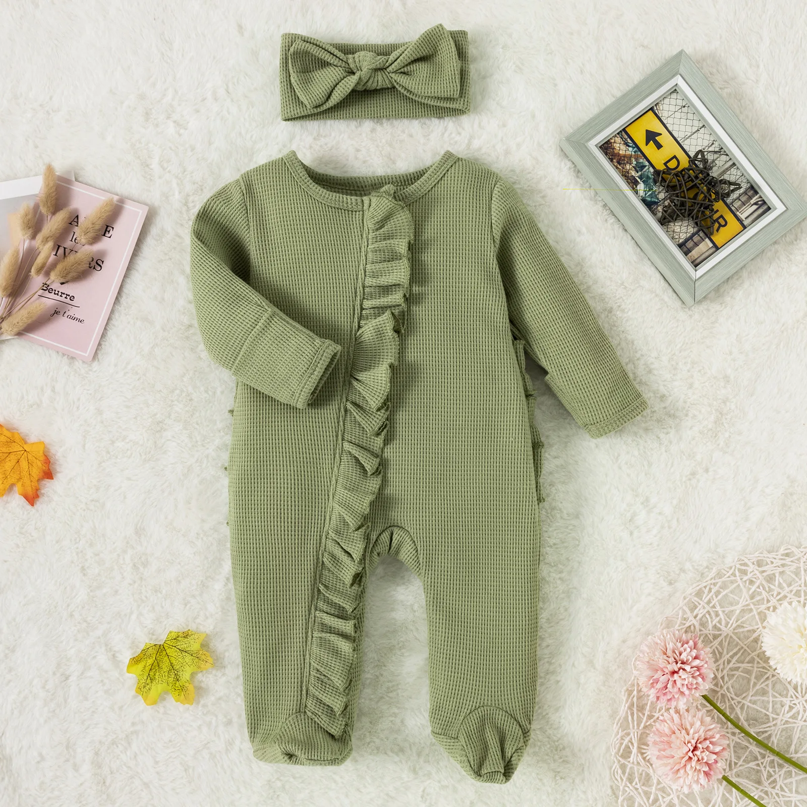 Newborn Waffle Cotton Sleepwear Solid Color Pajamas Infant Zipper