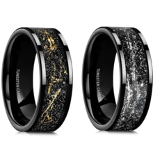 Hot sale fashion men rings 8mm Sliver Gold Foils inlay black plated tungsten Ring for man wedding ring