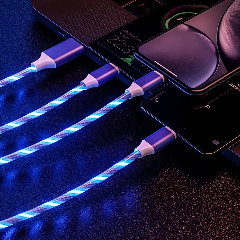 3 in 1 LED Phone Charger Cable TPE USB Type C Micro USB Glowing Charging Cord for Smartphone Tablet
