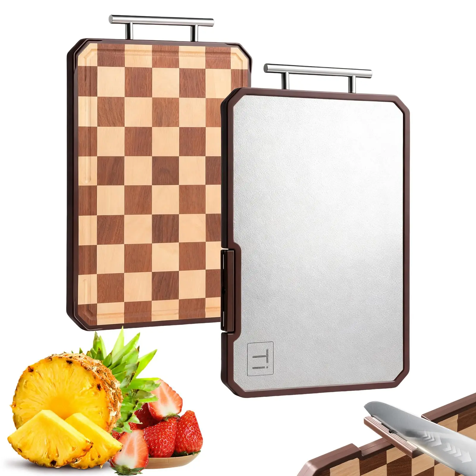 Custom Wood Cutting Board with Stand Sharpener Handle Reversible Grid Pattern Kitchen Chopping Block