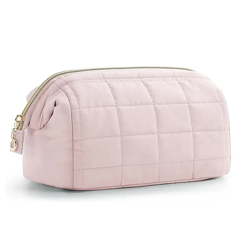 Luxury Travel for Pink Nylon Puffer Makeup Bag for Women Quilted Puffy Padded Brushes Organizer Zipper Cosmetic Pouch