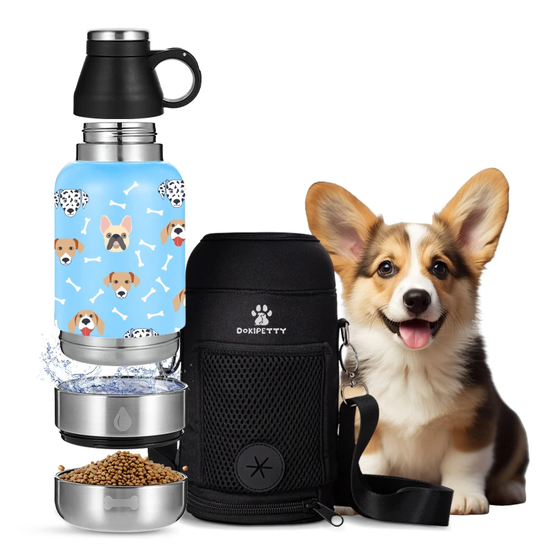 In Stock Free Sample 3 in 1  32oz 64oz Portable Single Dog Water Bottle Bowls Stainless Steel Insulated Outdoor Travel Drinking