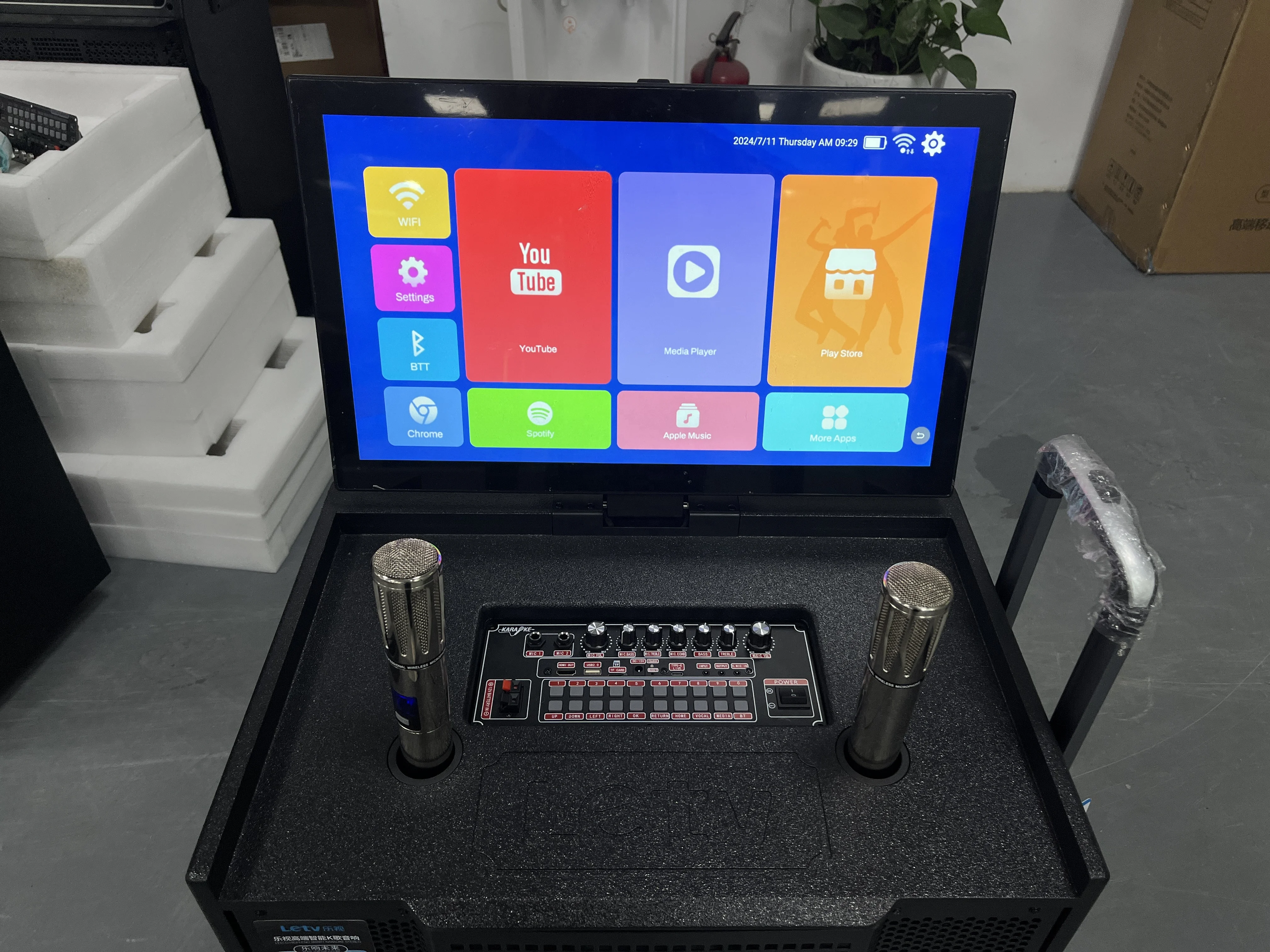 Multifunctional Wooden Box Trolley with BT Speaker & Monitor