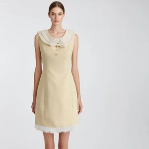 Custom Women's Vintage- Style Sleeveless Yellow Dress with Peter Pan Collar and Bow