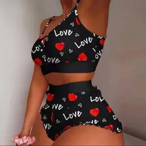 Plus Size Hot Sexy V-neck Slim Sleepwear Two Piece Print Sling Suit Pictures of Girls in Comfortable Pajamas Sexy for Women