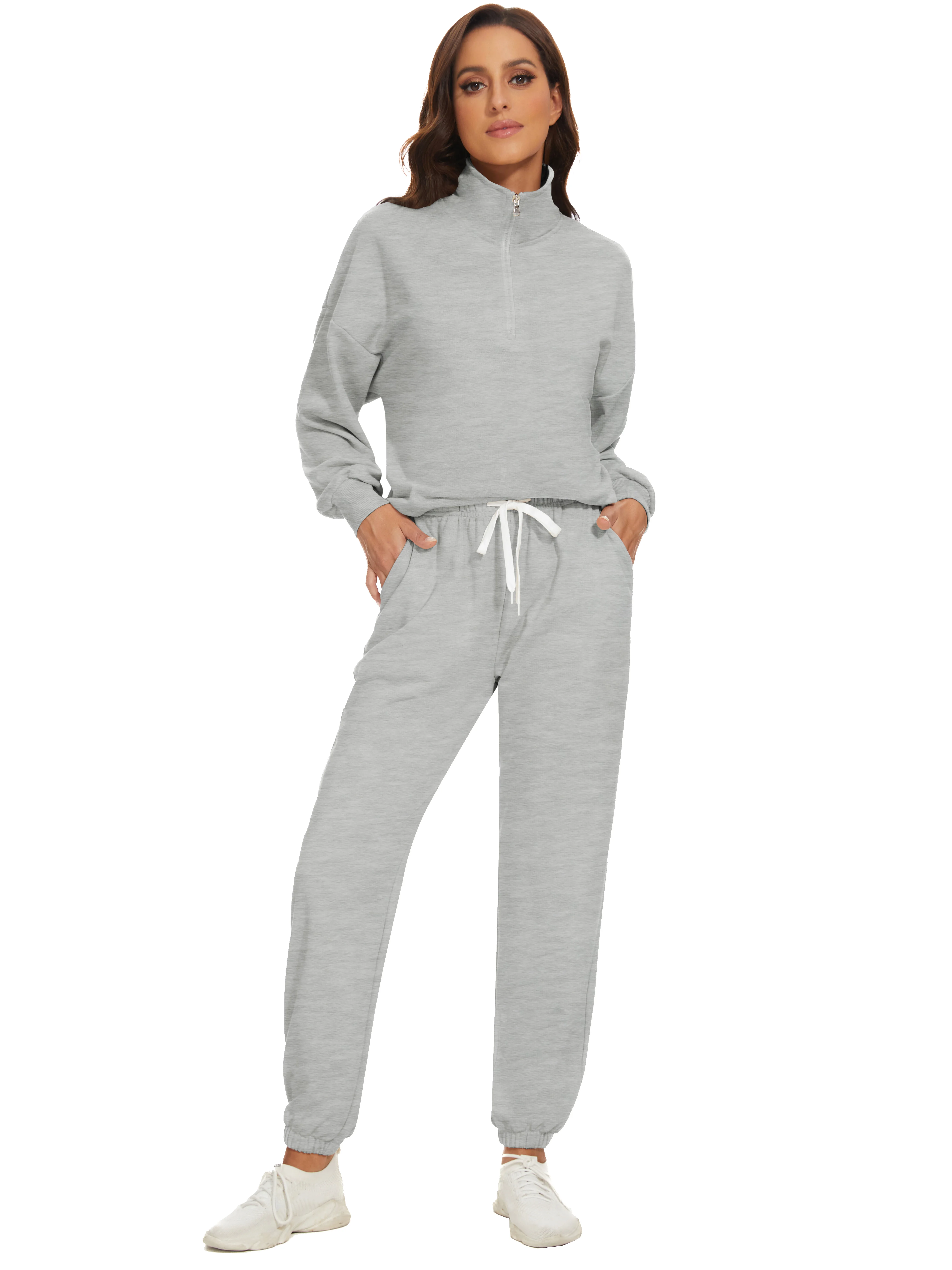 Fall Winter Custom Women Blank Half Zip Sweatshirt and Sweatpants Sets Streetwear Two Pieces Tracksuits for Women