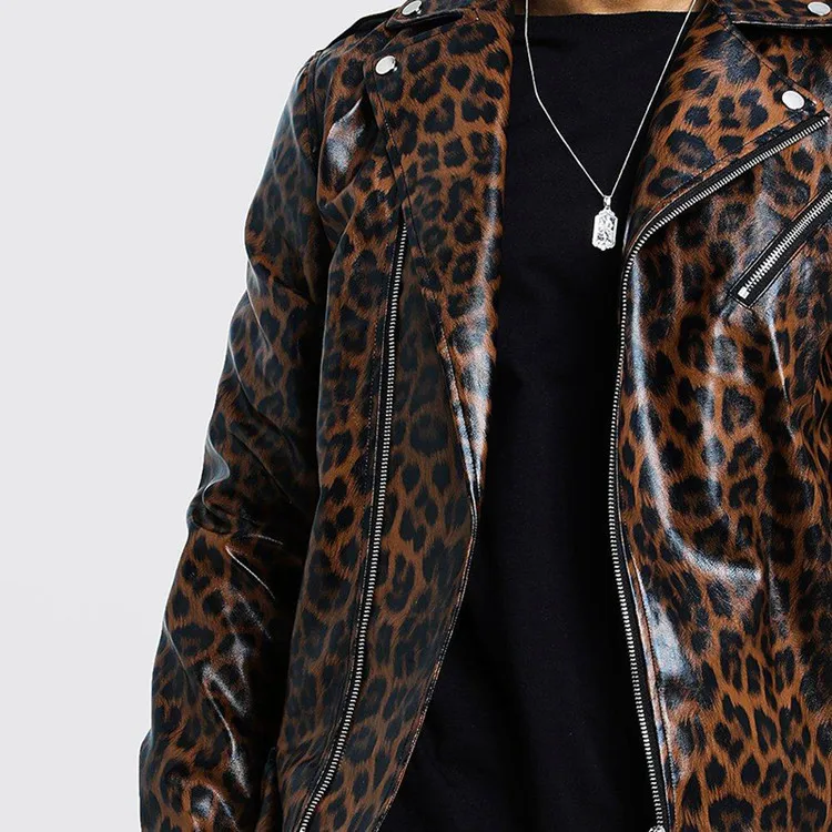 2021 new men's fashion leopard print artificial leather motorcycle jacket men's casual leopard print PU jacket