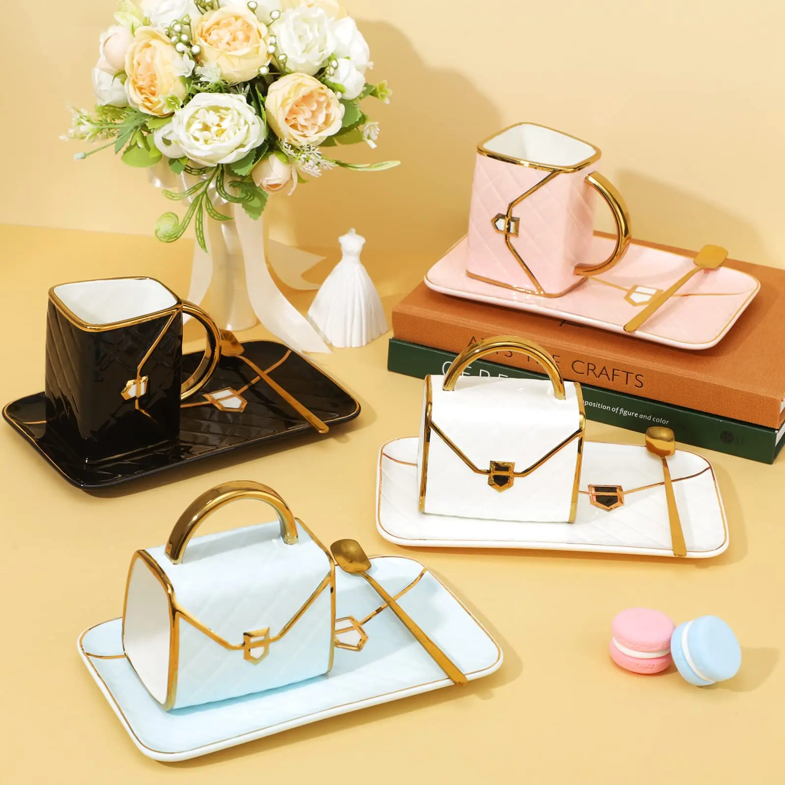 Custom Logo Tea Set Coffee Mug Handbag Shaped Ceramic Tea Cup With Saucer for Latte Cafe Mocha Office