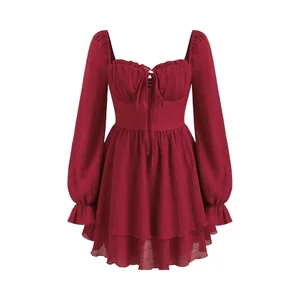 Chiffon Mini Dress Square Collar Long Sleeve Tiered Ruffle Hem Solid Casual Summer Natural Waist