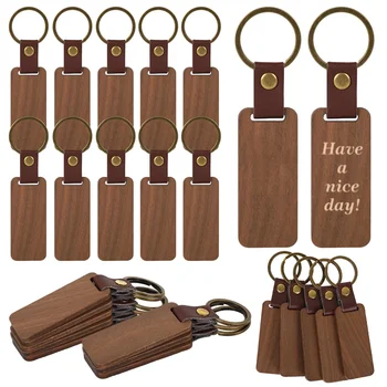 Blank Wooden Keychains Unfinished Leather Bulk Rectangle Wood Keychains for Laser Engraving DIY Crafts Key Tags Gift