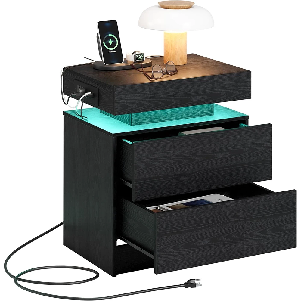Modern Luxury Wooden Night Stand with Charging Station and LED Light Drawers Bedside Tables/End Table for Bedroom