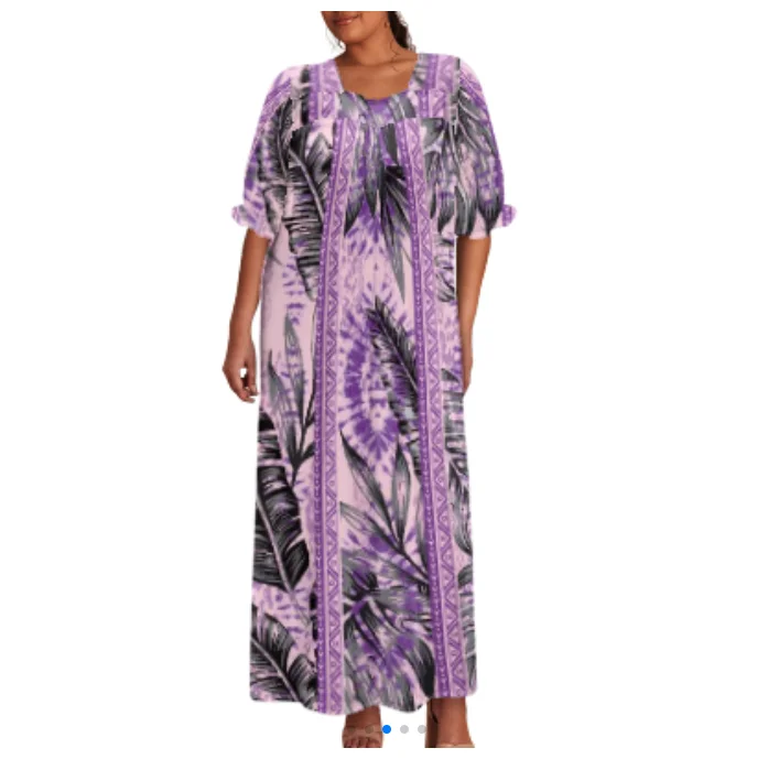Latest Design Customized Micronesia Mumu Dress Women Plus Size Blue Fancy Bubble Sleeve Square Collar Loose Midi Dresses 5XL 6XL