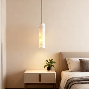 JACKSUN Marble Restaurant Bar Pendant Light Straight Tube New Chinese Style Marble Art Bedside Pendant Lamp
