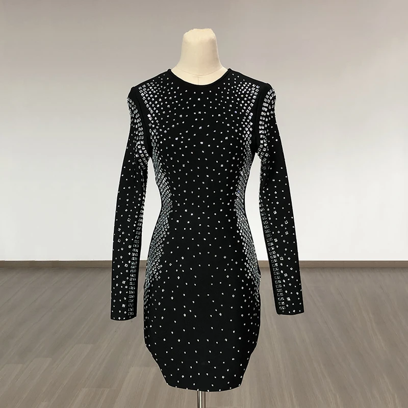 Ls2322 Vintage Black Long Sleeve Mini Club Dress With Crystal Decoration Oem