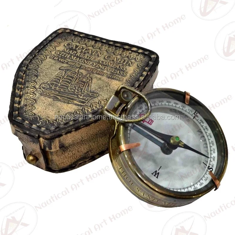 Antique Maritime Brass Compass 3" with Leather Cover Nautical Pocket Compass 