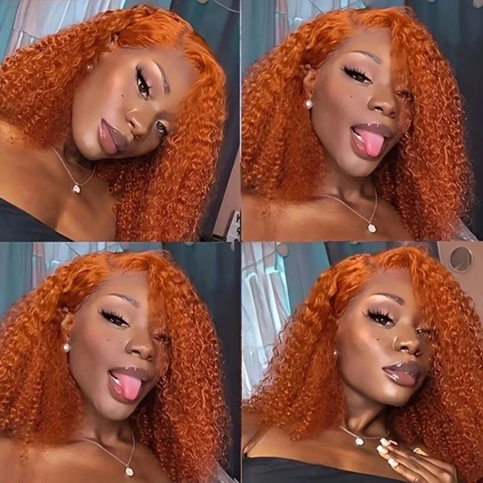 Ginger Orange 13x4 Lace Front Human Hair Wigs For Women Water Wave Curly Short Bob_voghion.com