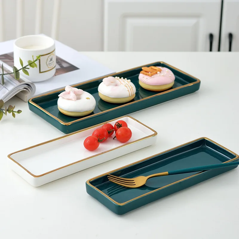 Platos rectangulares para servir postres, juego de platos de cerámica de  Sushi de lujo con borde dorado, venta al por mayor