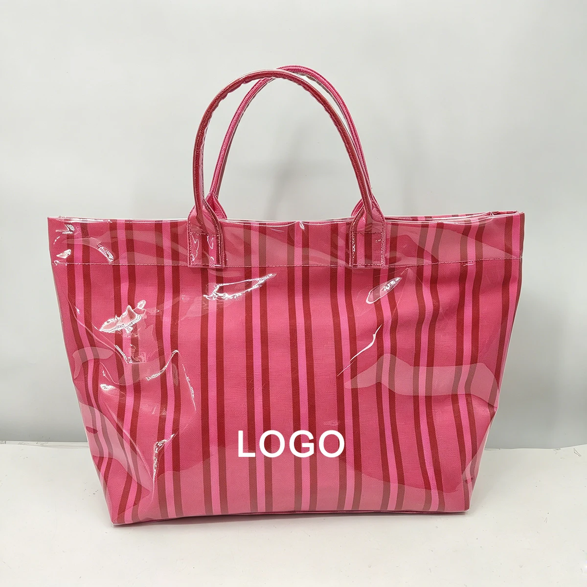 Customized 2 Layer Fabric Canvas and Waterproof Pvc Women's Tote Bag Summer Beach Trendy Ladies Stri