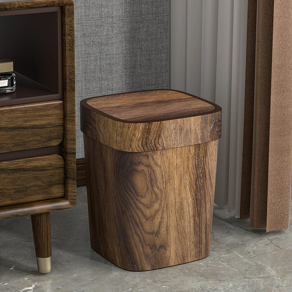 GREENSIDE Classic Waste Bin Wood Pattern Waste Trash Can Square PP Hotel Garbage Can Lid Home Kitchen Bathroom Dustbin Push Type