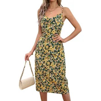 Wholesale Womens Clothing Elegant Women's Sling Collar Floral Print Spaghetti Strap Backless Slip Dress for Youth Girls