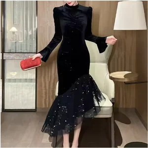High Quality Women's Elegant Fishtail Evening Dress Slim-Fit Velvet Fabric with Stick O Collar Diamond Decoration
