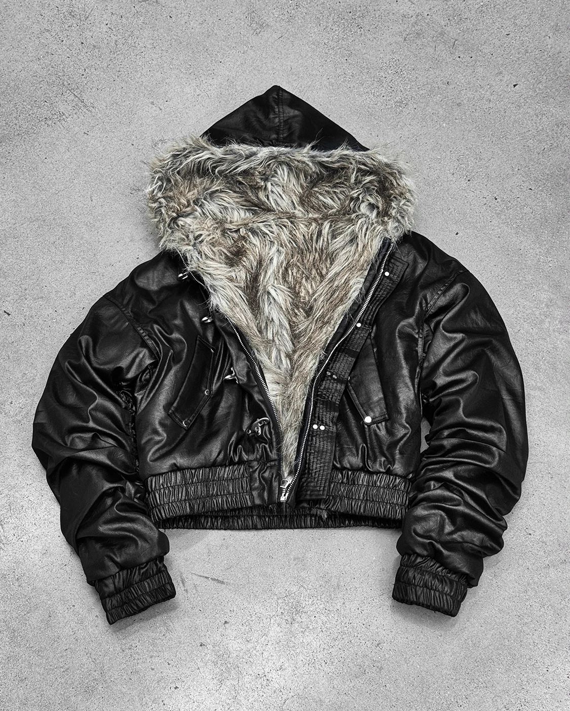 OEM Custom New Fashion High Quality Leather Coat Windproof Winter with Gray Soft Fur Reversible Zip up Streetwear Jacket Unisex gallery 4