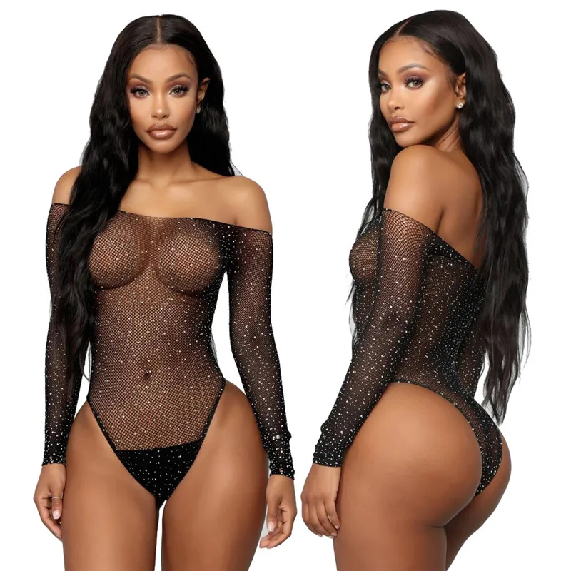 Sexy Ladies Black Mesh See Through Rhinestone Bodysuit One Piece  Transparent Jumpsuit Lingerie