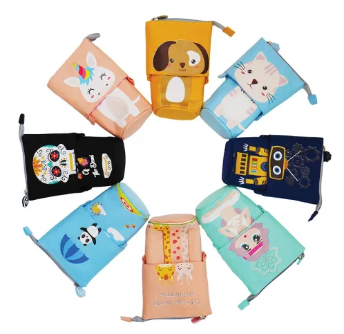 Hot Sale School Creative Drop-down Stackable Round Canvas Telescopic Pencil Bag