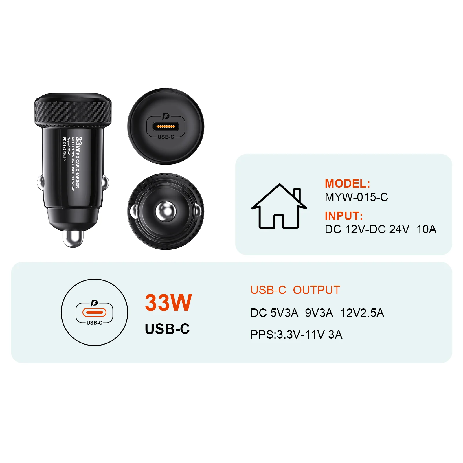 33W PD Type-C SCP 快速车载充电器 MINI PC 防火材料点烟器适配器 适用于 Android 手机