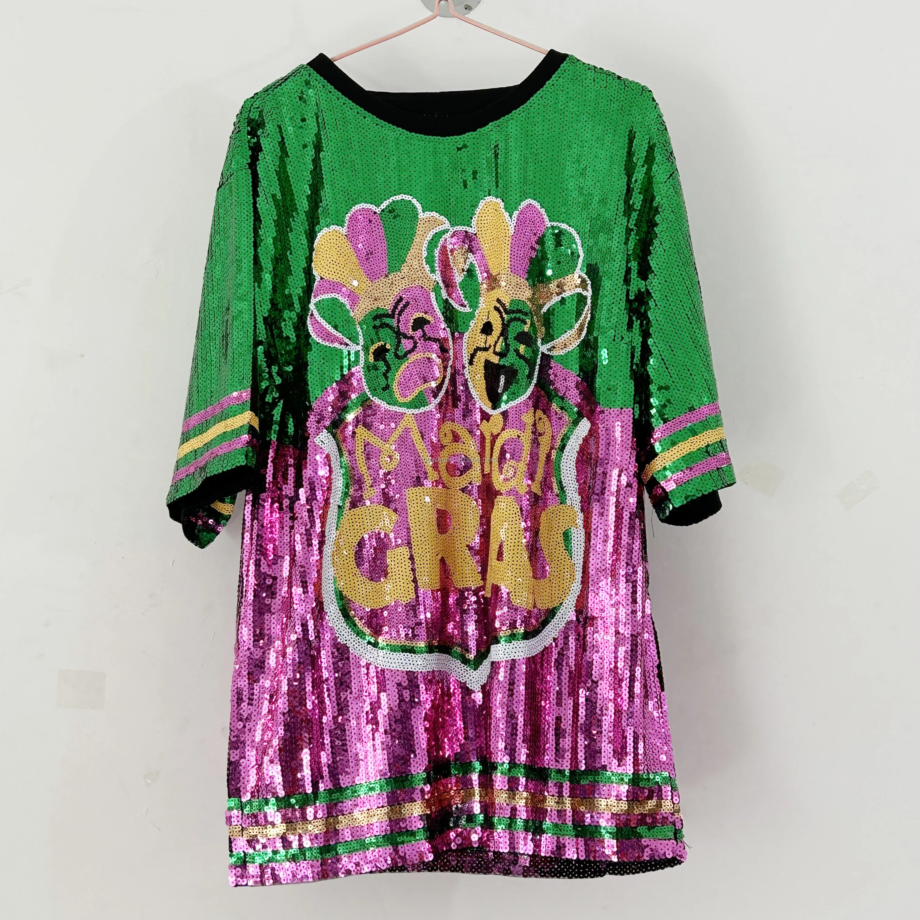 Sequin Jersey Pink And Green Sequin Shirt Dress Pink Green