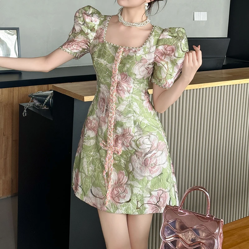 ZYHT 91105 Square Neck Summer Short Sleeve Jacquard Beaded Forest Green Color Dresses Women Lady Elegant