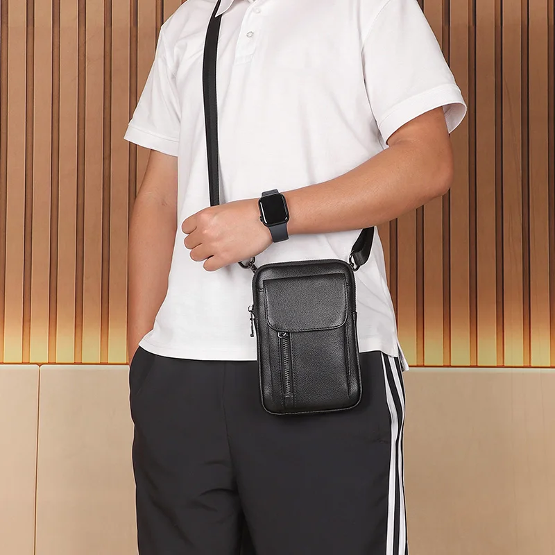 Custom Brand Casual Man Purse Shoulder Bag Crossbody Bag Fashion  Leather Black Small Messenger Bag for Men and Women