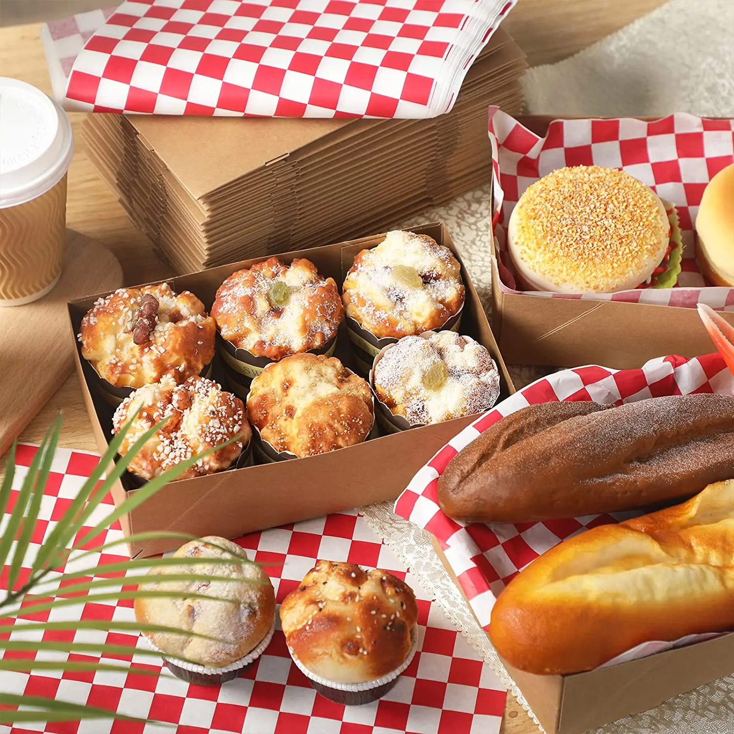 Brown Greaseproof Packs Checkered Wrapping Paper Theater Stadium Disposable Foldable Cardboard Kraft Paper Food Trays