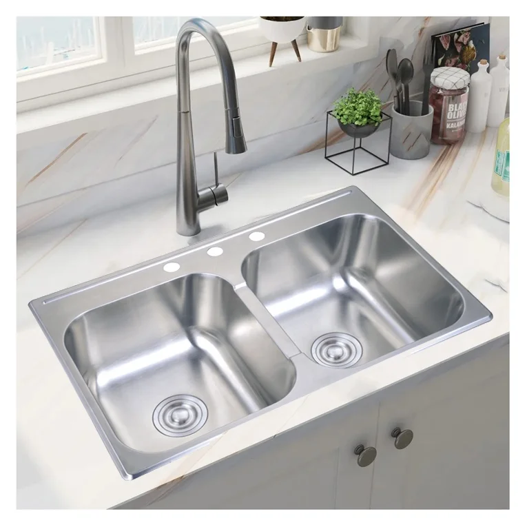 31<222> X 21<222> SUS304 Double Bowl Sink for Residential Commercial Use Top Mount Kitchen Sink Brushed Finish Press Sink