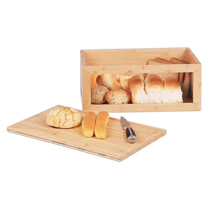 DS2676 Bread Storage Organizer for Kitchen Countertop with Clear Window Bamboo Bread Box Sandwich Container Solid Wood Bread Box