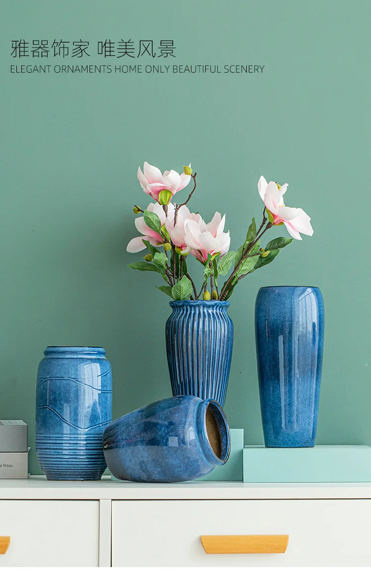 Modern fashion table decor round glossy blue pottery centerpiece nordic luxury ceramic flower vase for home.jpg