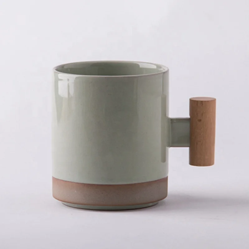 Korean Style Stock Available Color Blue  350 ml 12 oz Ceramic Coffee Mug Cup  with Wood Handle