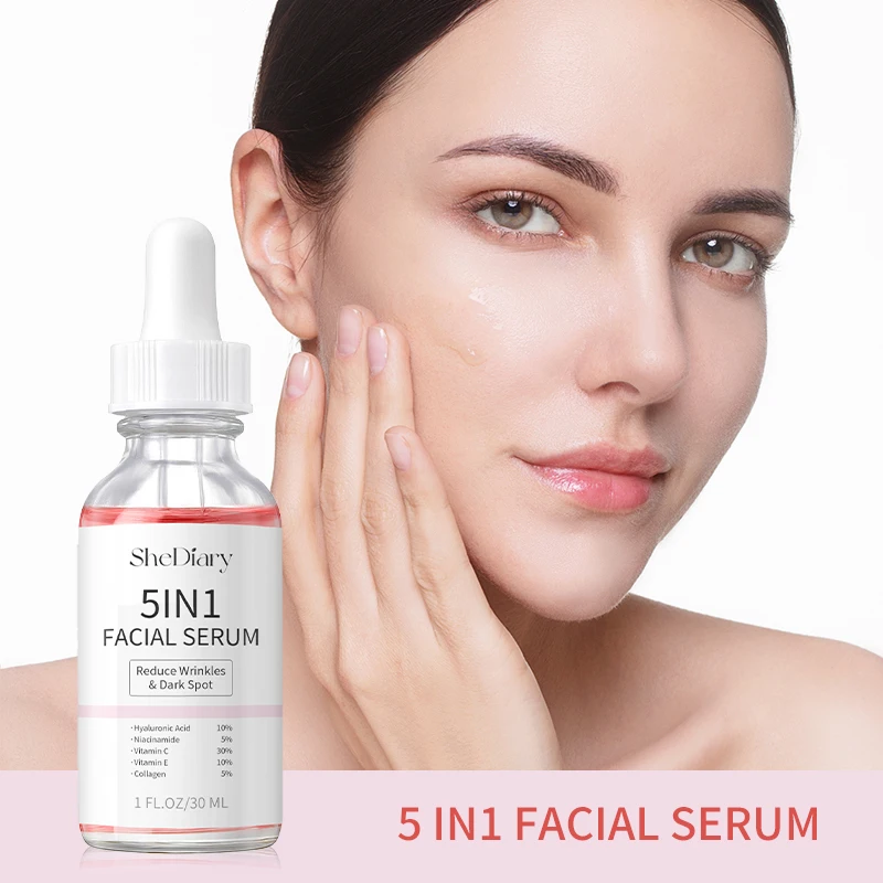 OEM SheDiary 5 en 1 brillo instantáneo elevación ácido hialurónico vitamina CE colágeno nicotinamida blanqueamiento suero Facial antienvejecimiento