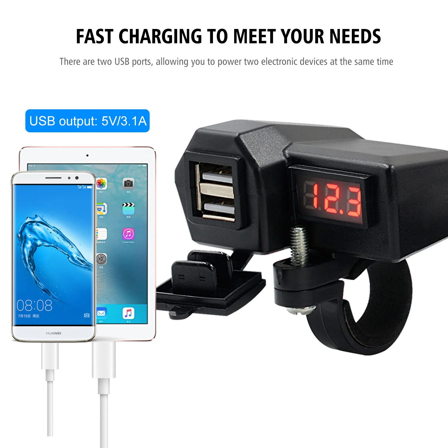 Waterproof & Dustproof  Motorcycle Voltmeter With Double USB Port Fast Charging USB Port For Cell Phone