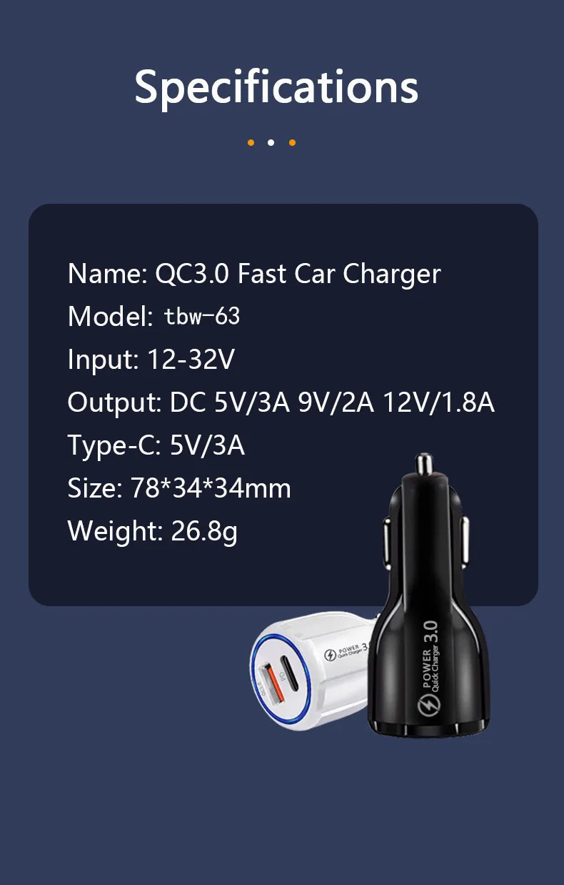 QC3.0 Portable PD Fast Dual Usb Car Charger Adapter Type c Car Phone Charger LED Quick Charge