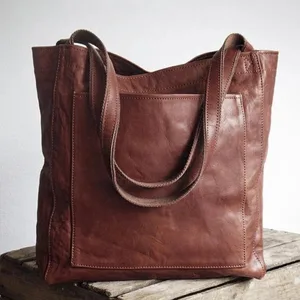 Women's Soft Leather Tote Bag with Pockets Vintage Waxed Leather Large Capacity Fashionable New Style Handbag and Shoulder Bag