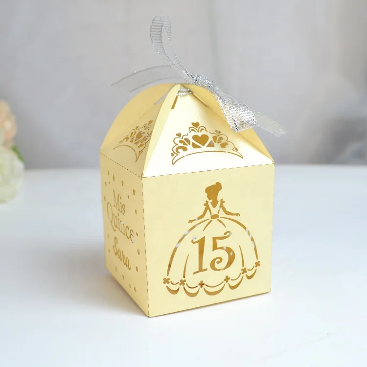 Cinderella Party Supplies Laser Cut Personalized Quinceanera Favors Box with Ribbon