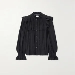 Clothing Manufacturer Custom Spring Summer Black Crew Neck Long Sleeve Elegant Casual Cotton Women Crepe Shirt