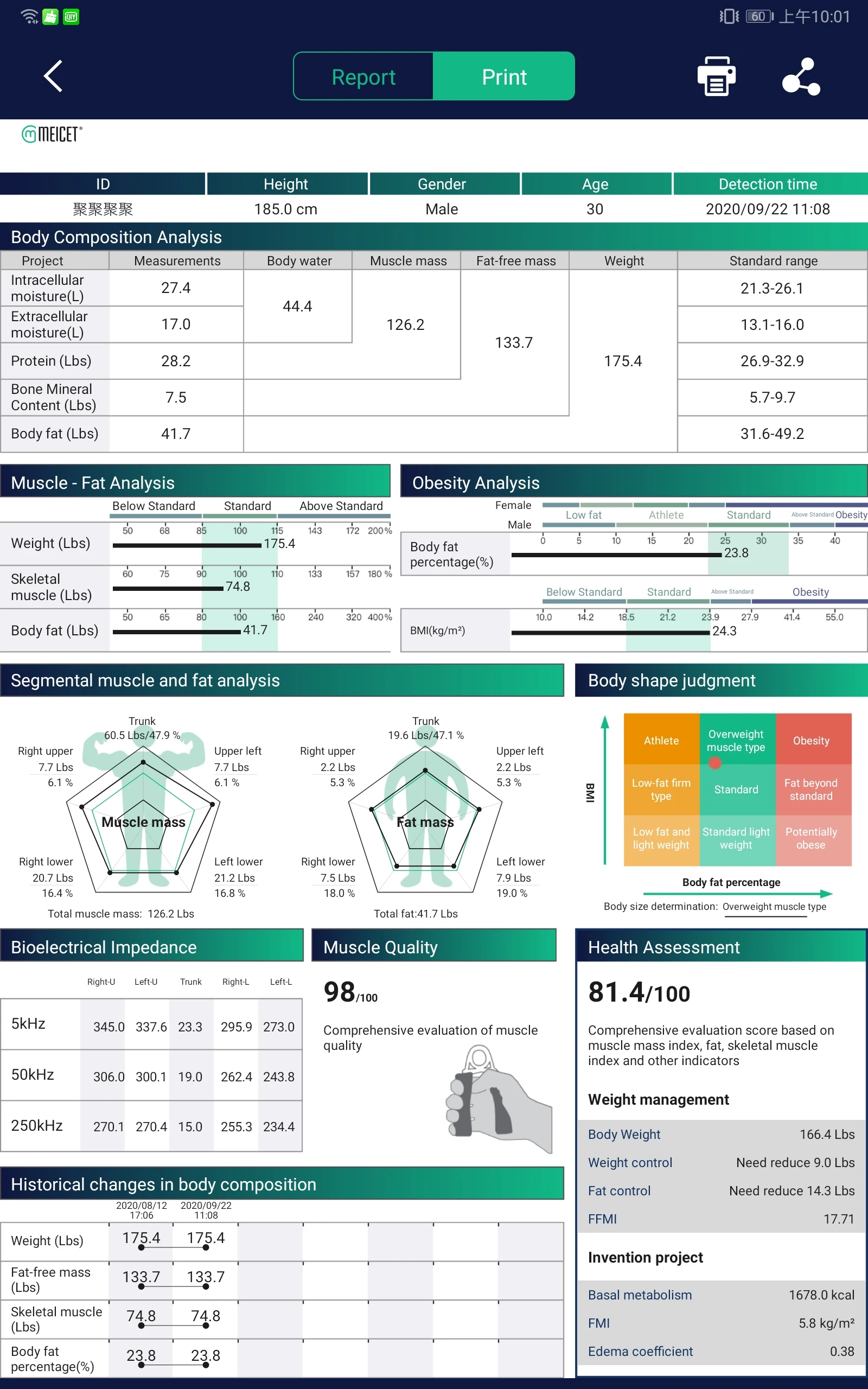 Meicet BCA 100 Body Composition Analyser BIA Technology Health Biometric Body Fat Analyzer for Body Care