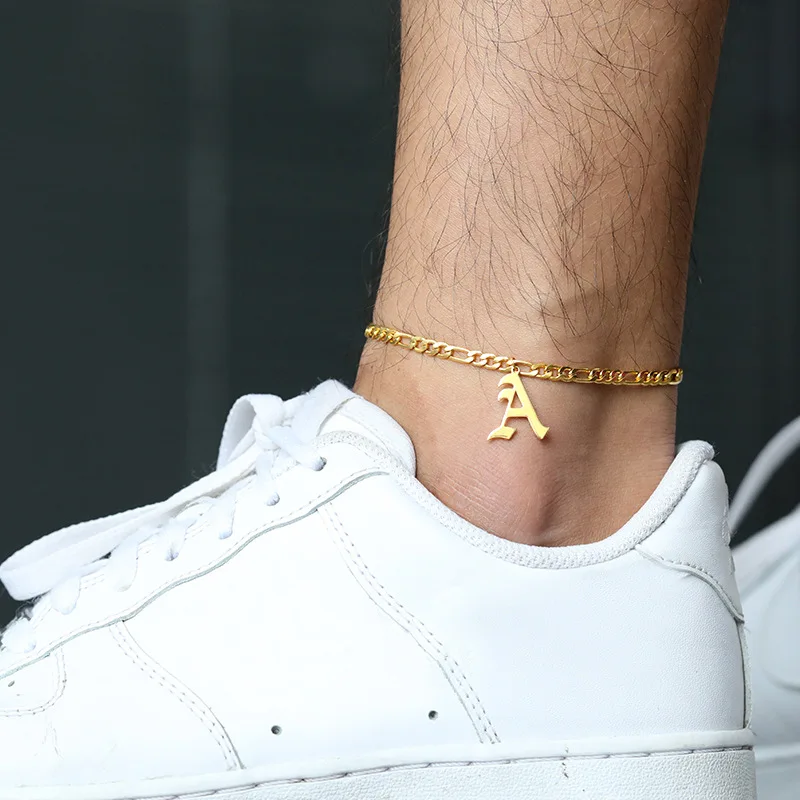 New Design Initial Letter 26 A-Z Old English Alphabet Gold Plated Stainless  Steel Anklet