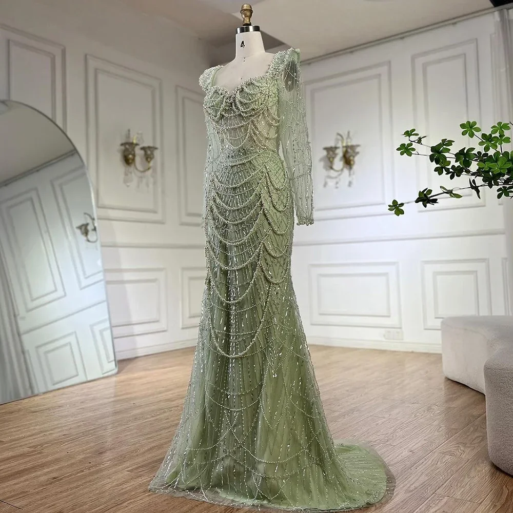 2025 Sage Green Pearls Beaded Luxury Evening Dresses Serene Hill LA72660  Long Sleeves Sweetheart Mermaid Party Gown for Women