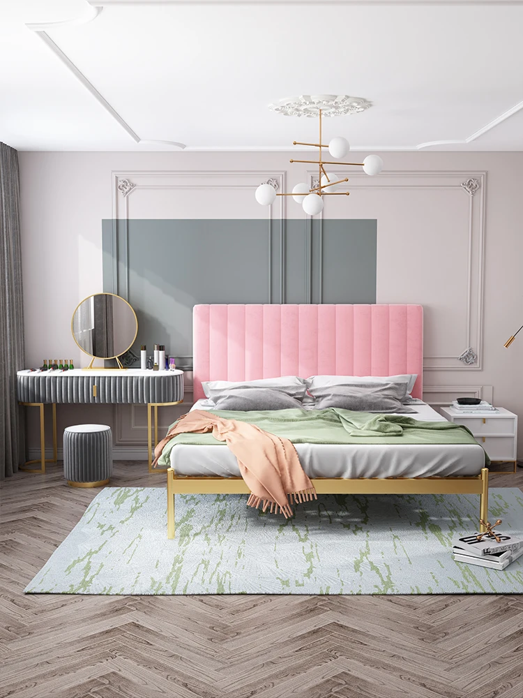 Cheap Unique Design Stable Metal Frame Elegant Girl Colorful Velvet Beds Iron Bed